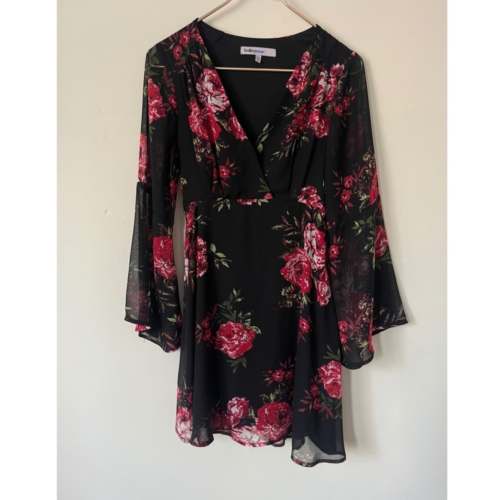 Bailey Blue Black Red Floral Bell Sleeve Mini Dress S Fairycore dark romantic